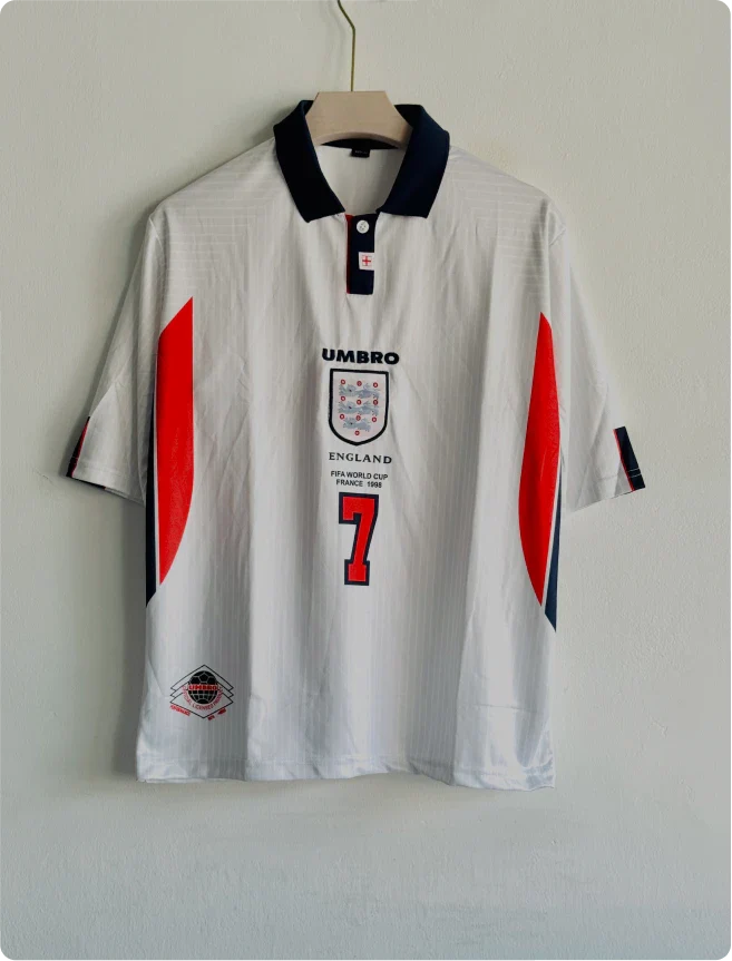ENGLAND 1998 HOME KIT BECKHAM FIVESLEEVE POLO EMBROIDERY PREMIUM